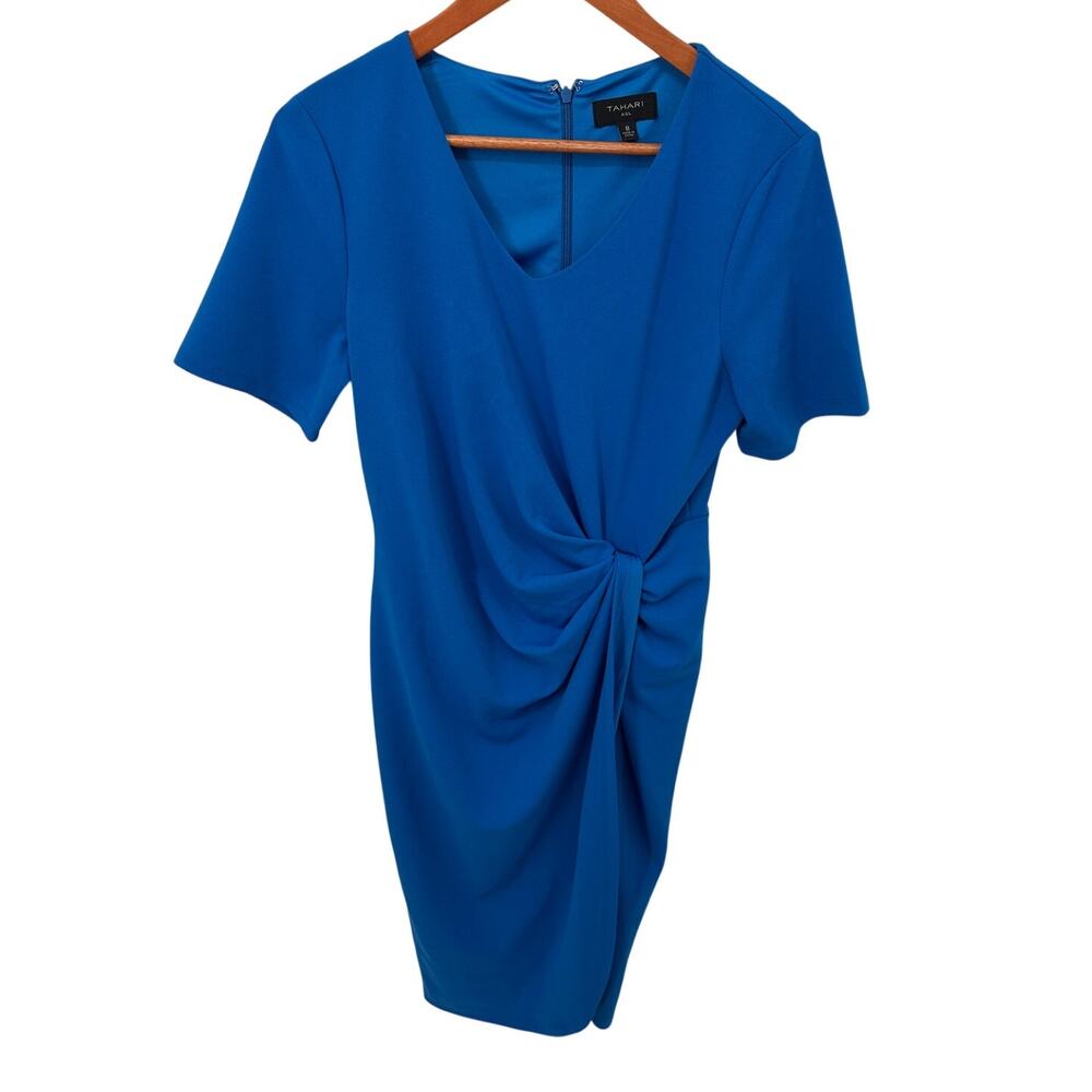 TAHARI ASL Blue Stretch Crepe Side Knot Short Sleeve Knee-Length Dress // 8